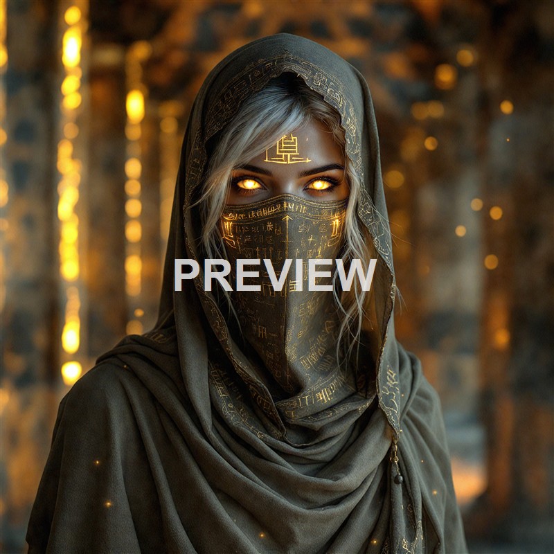 A woman with glowing golden eyes wearing a hood and face covering adorned with ancient-looking symbols, set against a blurred, warm-toned background.